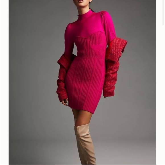 Anthropologie hot Pink Knit Sweater Dress Fitted Party Knit Midi Valentine's - Picture 1 of 15